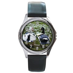 Muscovy Ducks At The Pond Round Metal Watch by IIPhotographyAndDesigns