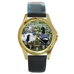 Muscovy Ducks At The Pond Round Gold Metal Watch by IIPhotographyAndDesigns