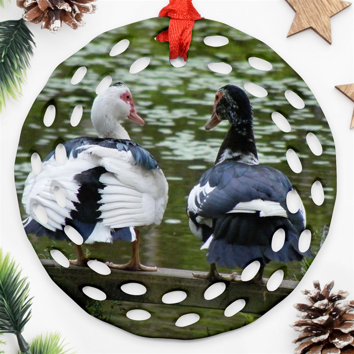 Muscovy Ducks at the Pond Round Filigree Ornament (Two Sides)