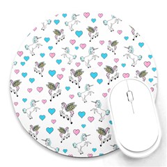 Unicorn, Pegasus And Hearts Round Mousepads by IIPhotographyAndDesigns