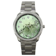 Elegant, Decorative Floral Design In Soft Green Colors Sport Metal Watch by FantasyWorld7