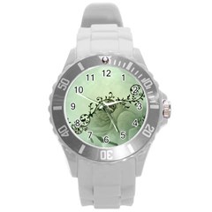 Elegant, Decorative Floral Design In Soft Green Colors Round Plastic Sport Watch (l) by FantasyWorld7