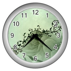 Elegant, Decorative Floral Design In Soft Green Colors Wall Clock (silver) by FantasyWorld7