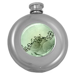 Elegant, Decorative Floral Design In Soft Green Colors Round Hip Flask (5 Oz) by FantasyWorld7