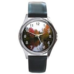 Autumn Pond Round Metal Watch by IIPhotographyAndDesigns