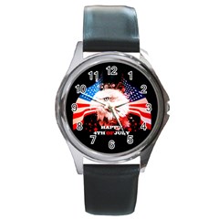 Independence Day, Eagle With Usa Flag Round Metal Watch by FantasyWorld7