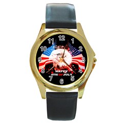 Independence Day, Eagle With Usa Flag Round Gold Metal Watch by FantasyWorld7