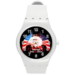 Independence Day, Eagle With Usa Flag Round Plastic Sport Watch (m) by FantasyWorld7