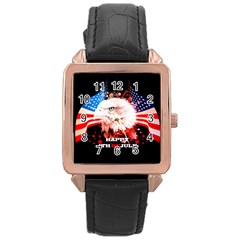 Independence Day, Eagle With Usa Flag Rose Gold Leather Watch  by FantasyWorld7