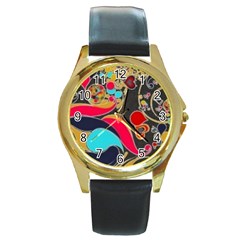 Retro Swirls In Black Round Gold Metal Watch by flipstylezfashionsLLC