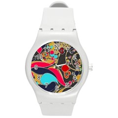 Retro Swirls In Black Round Plastic Sport Watch (m) by flipstylezfashionsLLC