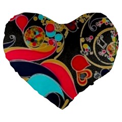 Retro Swirls In Black Large 19  Premium Flano Heart Shape Cushions by flipstylezfashionsLLC