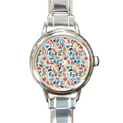 Funny Cute Colorful Cats Pattern Round Italian Charm Watch by EDDArt