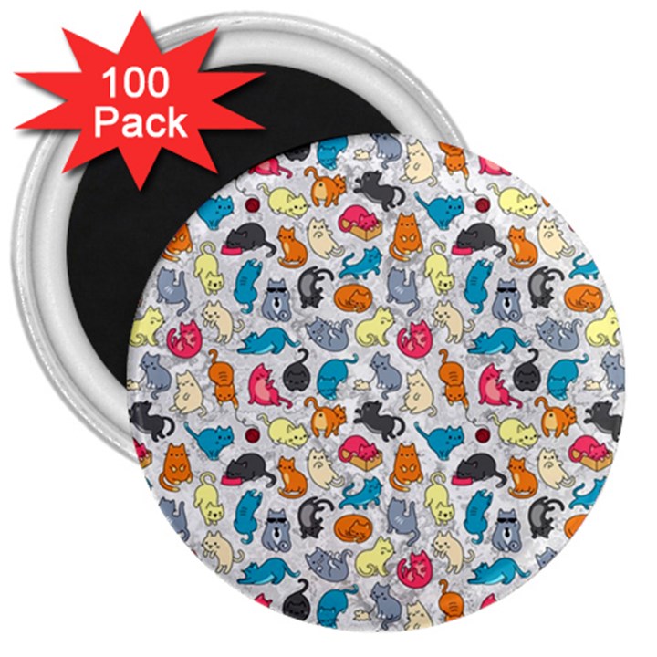 Funny Cute Colorful Cats Pattern 3  Magnets (100 pack)