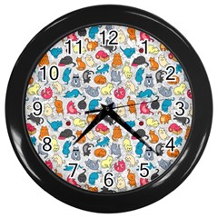 Funny Cute Colorful Cats Pattern Wall Clock (black) by EDDArt