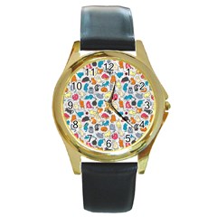 Funny Cute Colorful Cats Pattern Round Gold Metal Watch by EDDArt