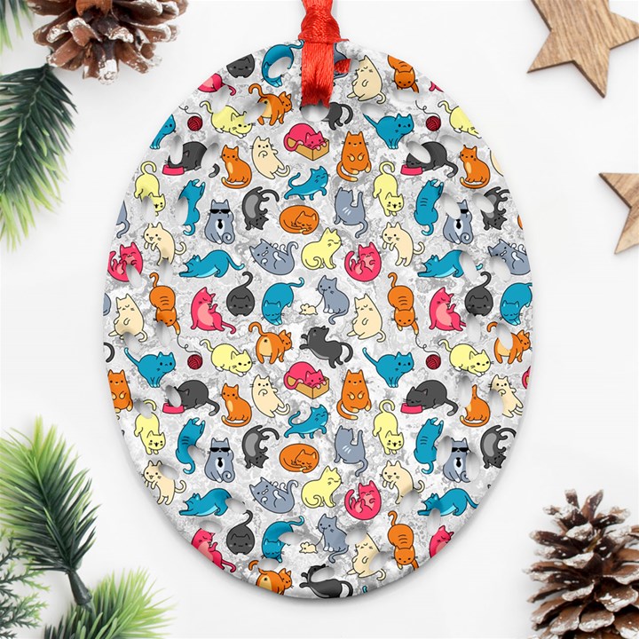 Funny Cute Colorful Cats Pattern Ornament (Oval Filigree)