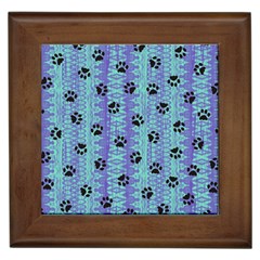 Footprints Cat Black On Batik Pattern Teal Violet Framed Tiles by EDDArt