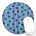 Footprints Cat Black On Batik Pattern Teal Violet Round Mousepads Front