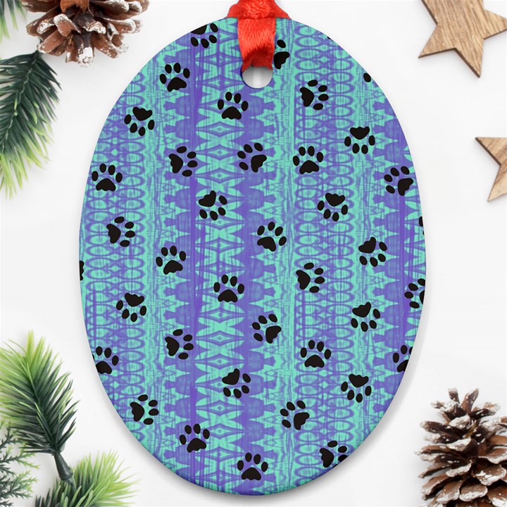 Footprints Cat Black On Batik Pattern Teal Violet Ornament (Oval)