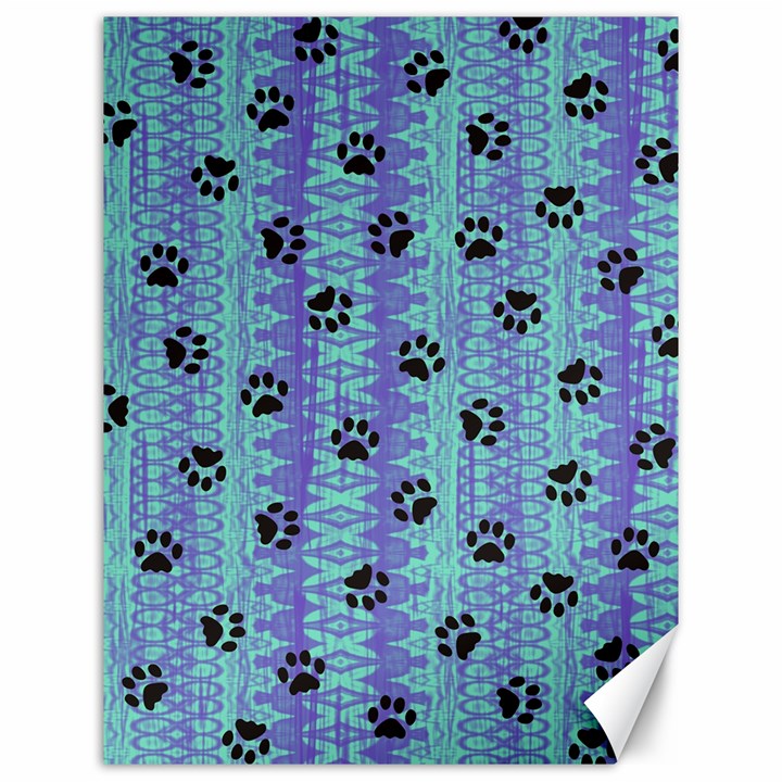 Footprints Cat Black On Batik Pattern Teal Violet Canvas 12  x 16  