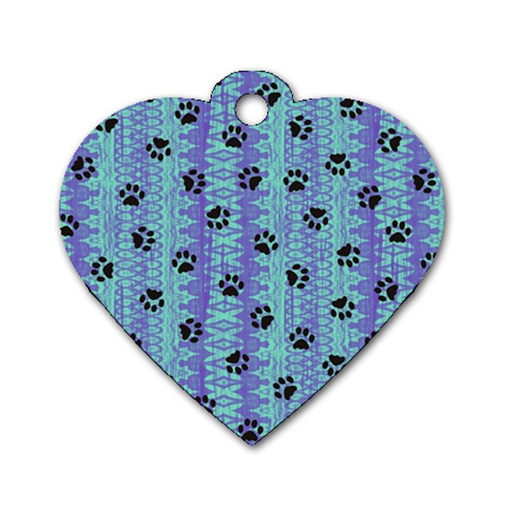 Footprints Cat Black On Batik Pattern Teal Violet Dog Tag Heart (One Side)