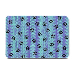 Footprints Cat Black On Batik Pattern Teal Violet Small Doormat  by EDDArt