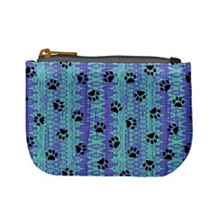 Footprints Cat Black On Batik Pattern Teal Violet Mini Coin Purses