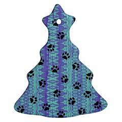 Footprints Cat Black On Batik Pattern Teal Violet Ornament (christmas Tree) 