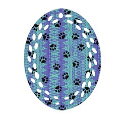 Footprints Cat Black On Batik Pattern Teal Violet Oval Filigree Ornament (two Sides) by EDDArt