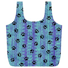 Footprints Cat Black On Batik Pattern Teal Violet Full Print Recycle Bags (l) 