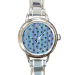 Footprints Cat Black On Batik Pattern Teal Violet Round Italian Charm Watch Front