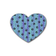 Footprints Cat Black On Batik Pattern Teal Violet Heart Coaster (4 Pack)  by EDDArt