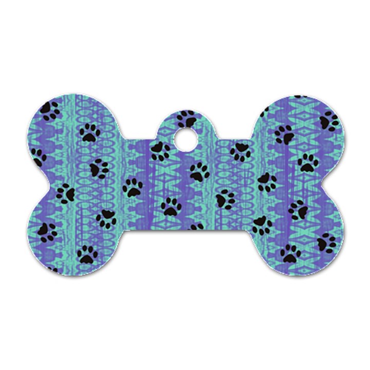 Footprints Cat Black On Batik Pattern Teal Violet Dog Tag Bone (One Side)