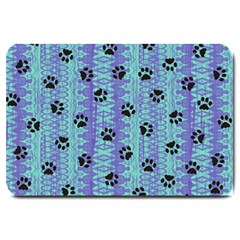 Footprints Cat Black On Batik Pattern Teal Violet Large Doormat  by EDDArt