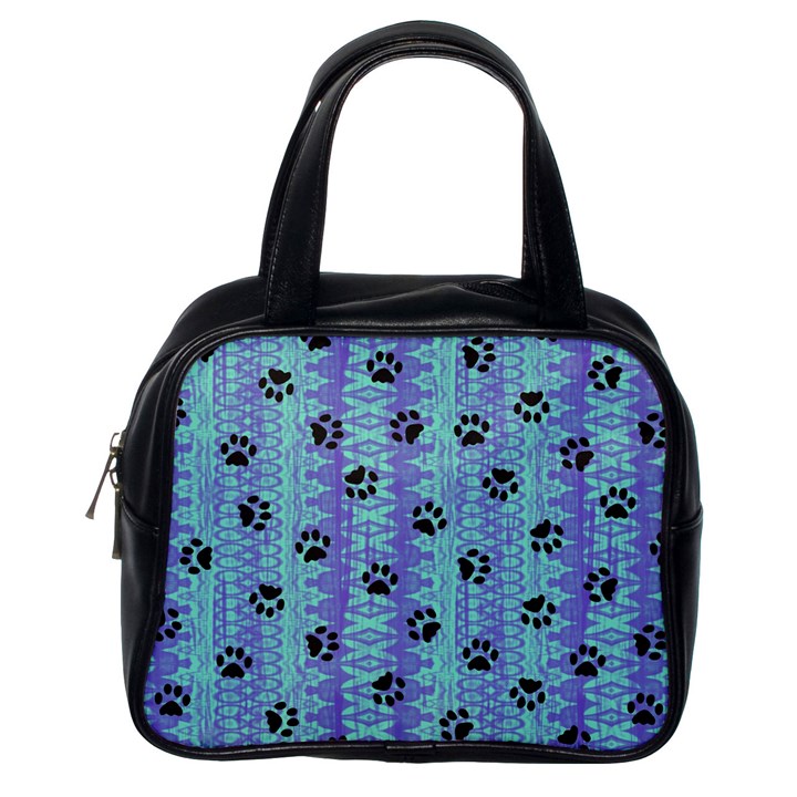 Footprints Cat Black On Batik Pattern Teal Violet Classic Handbags (One Side)