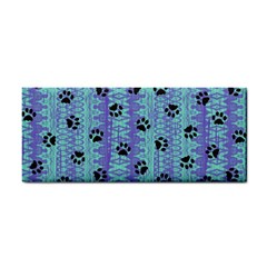 Footprints Cat Black On Batik Pattern Teal Violet Hand Towel by EDDArt