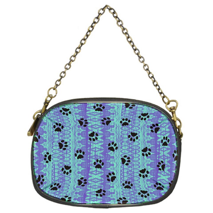 Footprints Cat Black On Batik Pattern Teal Violet Chain Purses (One Side) 