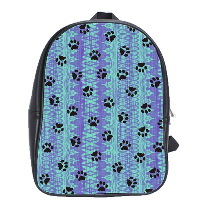 Footprints Cat Black On Batik Pattern Teal Violet School Bag (Large)