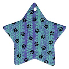 Footprints Cat Black On Batik Pattern Teal Violet Ornament (star)