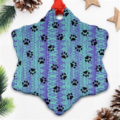 Footprints Cat Black On Batik Pattern Teal Violet Snowflake Ornament (two Sides) by EDDArt