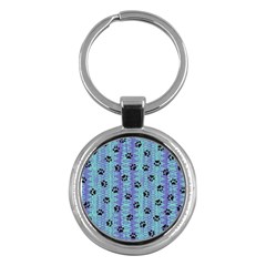 Footprints Cat Black On Batik Pattern Teal Violet Key Chains (round)  by EDDArt