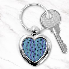 Footprints Cat Black On Batik Pattern Teal Violet Key Chains (heart)  by EDDArt