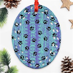 Footprints Cat Black On Batik Pattern Teal Violet Oval Filigree Ornament (two Sides) by EDDArt