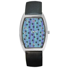 Footprints Cat Black On Batik Pattern Teal Violet Barrel Style Metal Watch by EDDArt