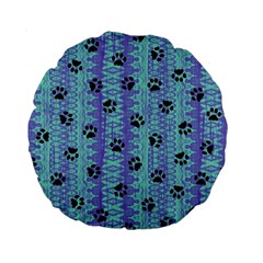 Footprints Cat Black On Batik Pattern Teal Violet Standard 15  Premium Round Cushions