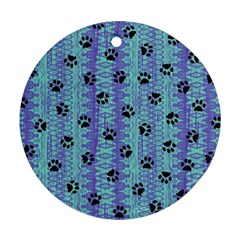 Footprints Cat Black On Batik Pattern Teal Violet Round Ornament (two Sides)