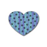 Footprints Cat Black On Batik Pattern Teal Violet Rubber Coaster (Heart)  Front