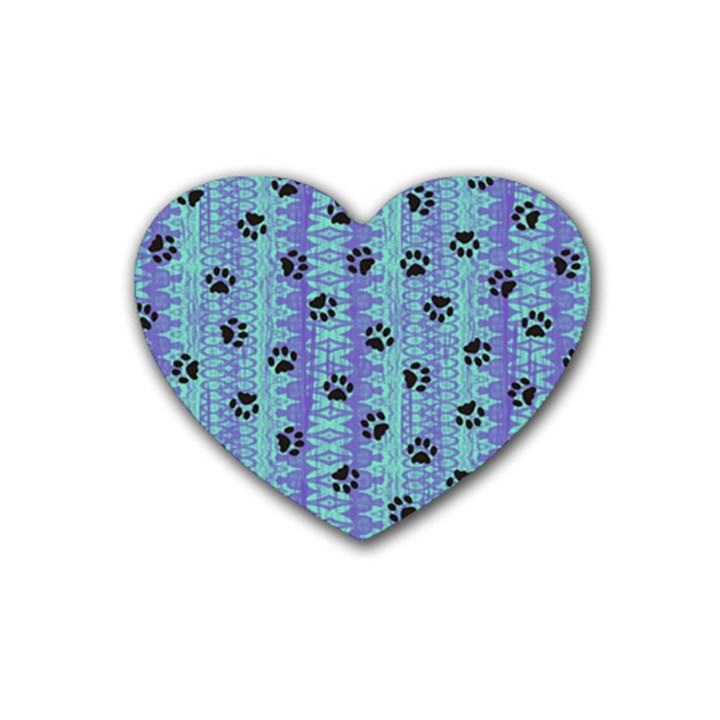 Footprints Cat Black On Batik Pattern Teal Violet Rubber Coaster (Heart) 