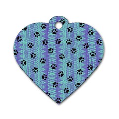 Footprints Cat Black On Batik Pattern Teal Violet Dog Tag Heart (one Side)